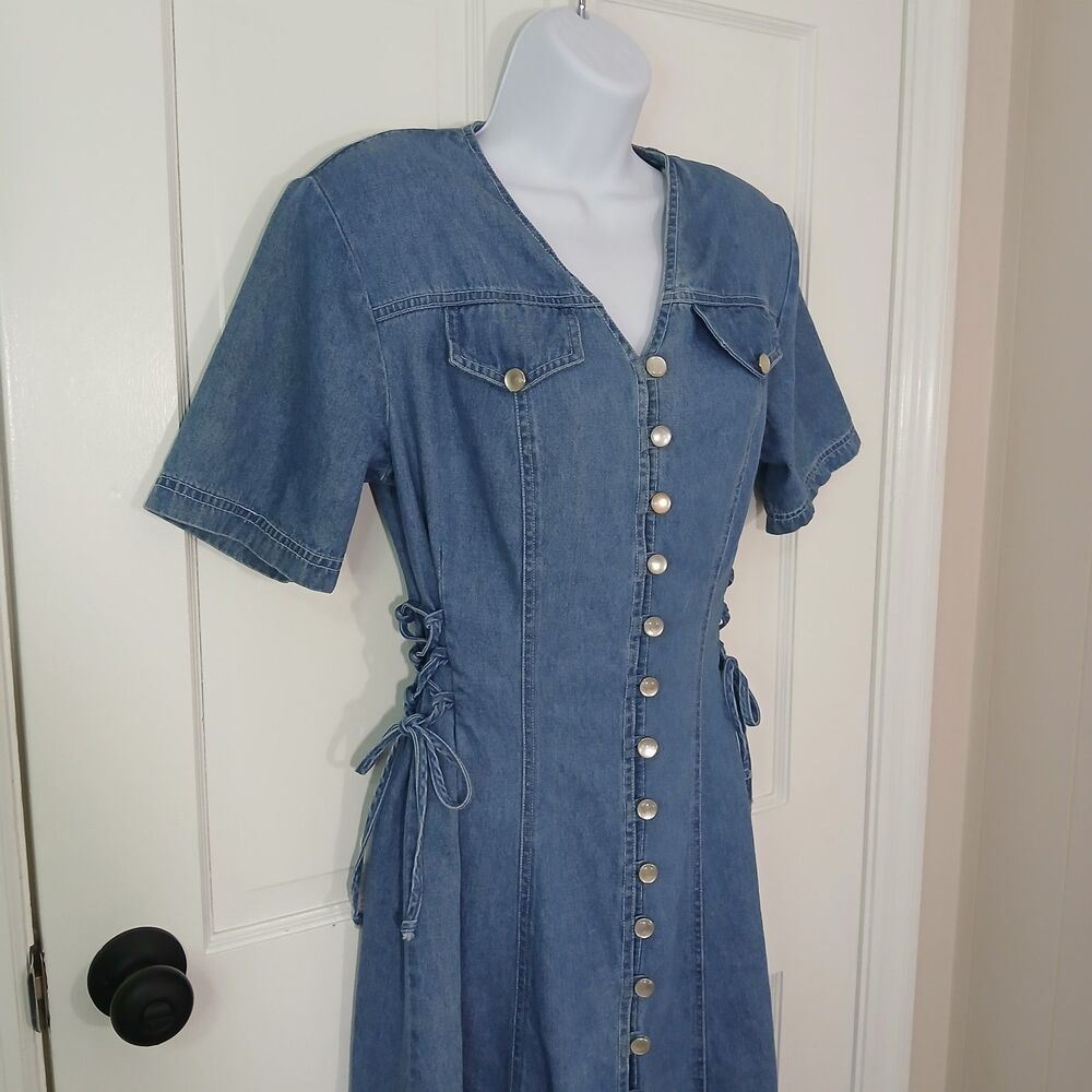 VTG DJ Int’l Denim Midi Dress Size 5/6 Lace Up Corset Sides Button Front 90s Y2K - Picture 8 of 16
